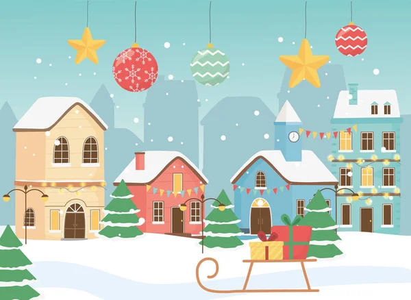 Νέο έτος 2020 ευχετήρια κάρτα χωριό σπίτια έλκηθρο δώρα χιονόμπαλες και αστέρια — Διανυσματικό Αρχείο