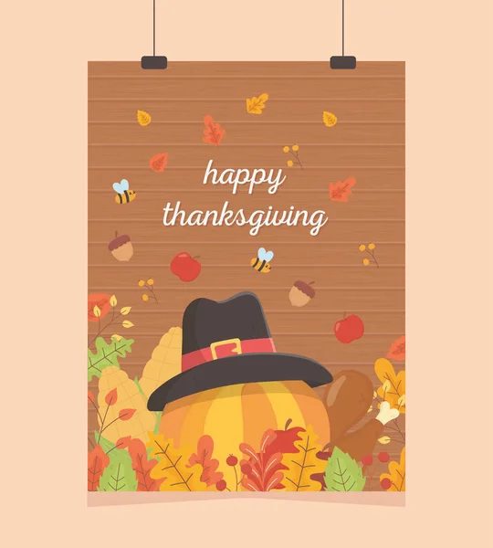 Happy thanksgiving poster hanging pumpkin with hat acorns bees foliage — Stock Vector