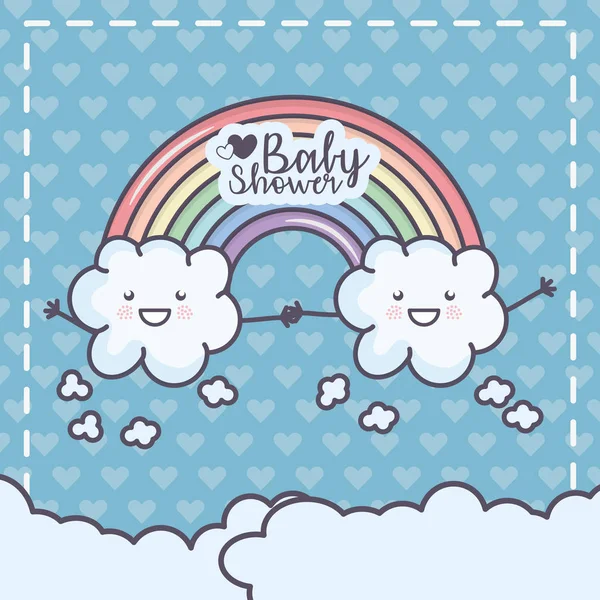 Baby shower cartoon clouds holding hands rainbow sticker — Stockvector