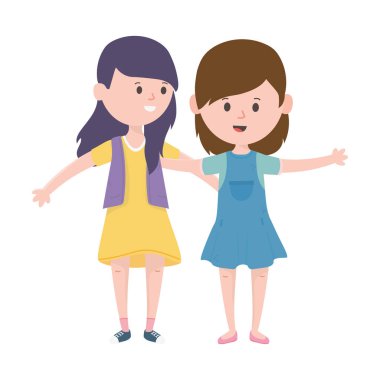 two women hugging friendly characters