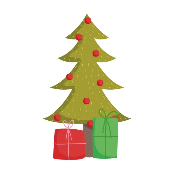 Merry christmas tree with balls and gift boxes celebration — Stockvector