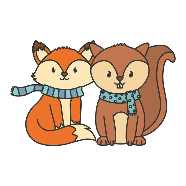 Cute fox and squirrel with scarf autumn — Stockvektor
