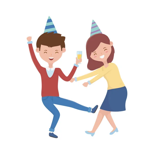 Woman and man with birthday hat vector design — Διανυσματικό Αρχείο