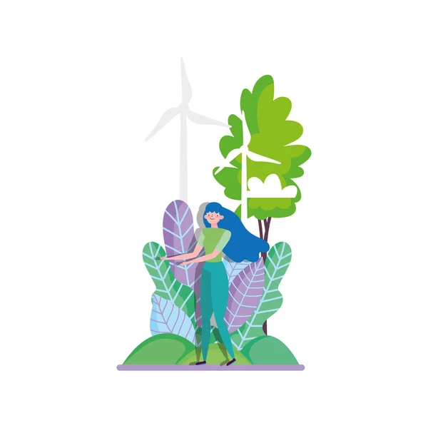 Jeune femme arbres éoliennes écologie — Image vectorielle