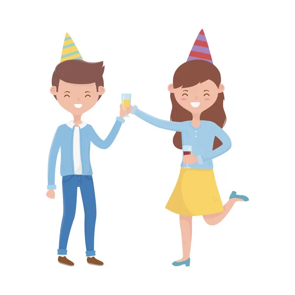 Donna e uomo con cappello di compleanno design vettoriale — Vettoriale Stock