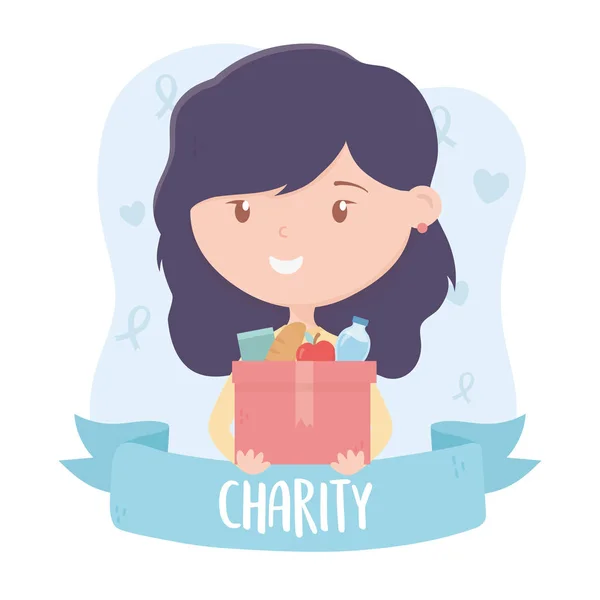 Volunteering, help charity teen woman with box filled food — Vector de stock