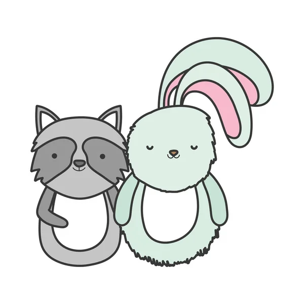 Cute rabbit and raccoon cartoon animals — Stok Vektör