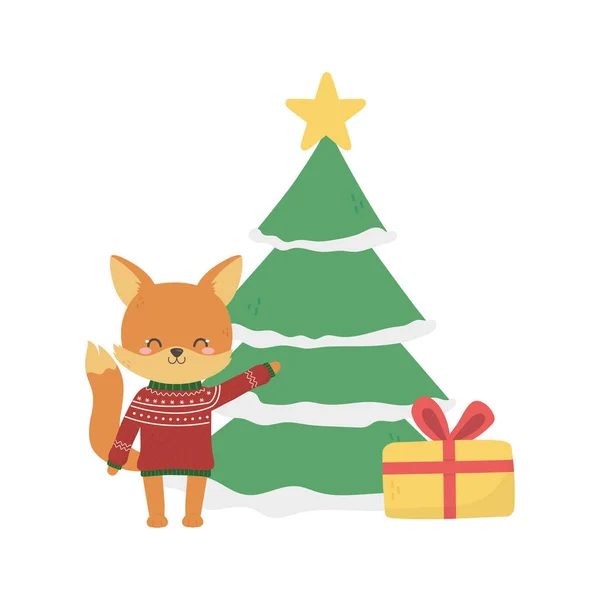 Веселі різдвяні святкування милі лисиці сезон вечірка дерево подарунок — стоковий вектор