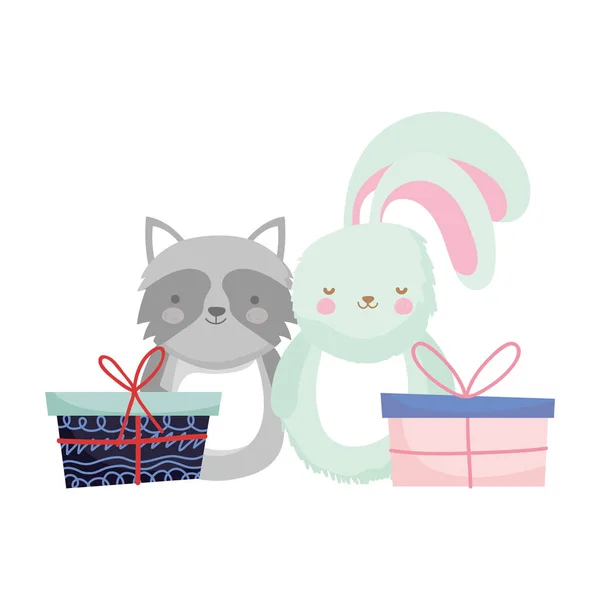 Merry christmas celebration raccoon and rabbit with gifts — стоковый вектор