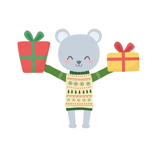 Feliz Natal celebração urso bonito com camisola e decoração de presentes — Vetor de Stock