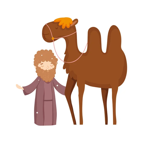 Shepherd with camel manger nativity, merry christmas — Stock vektor