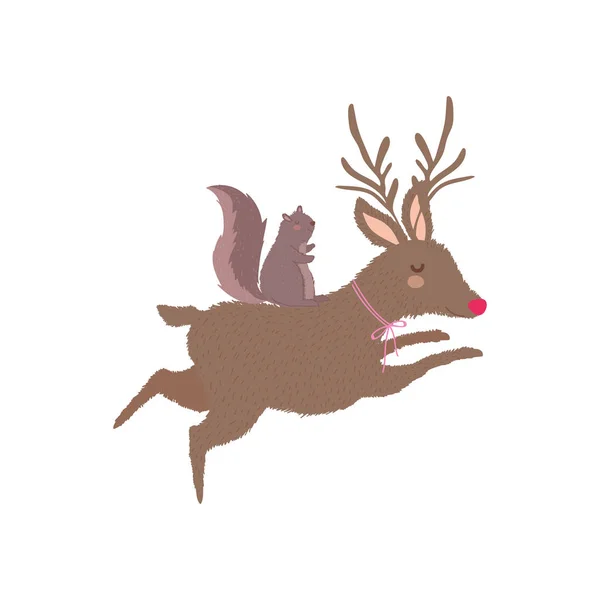 Merry christmas decorative reindeer with bow and squirrel — Stock vektor