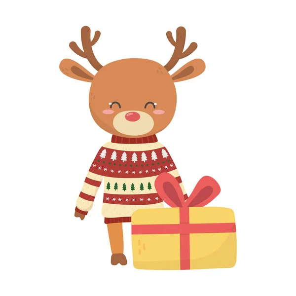 Crăciun fericit sărbătoare reni drăguț cu cadou pulover — Vector de stoc