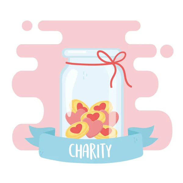 Volunteering, help charity jar glass with coins love — Vector de stock