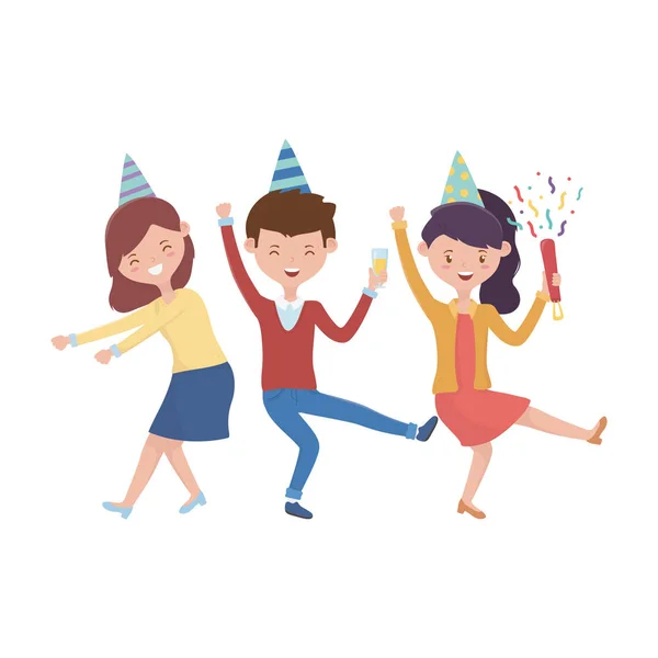 Women and man with birthday hat vector design — Stockvektor