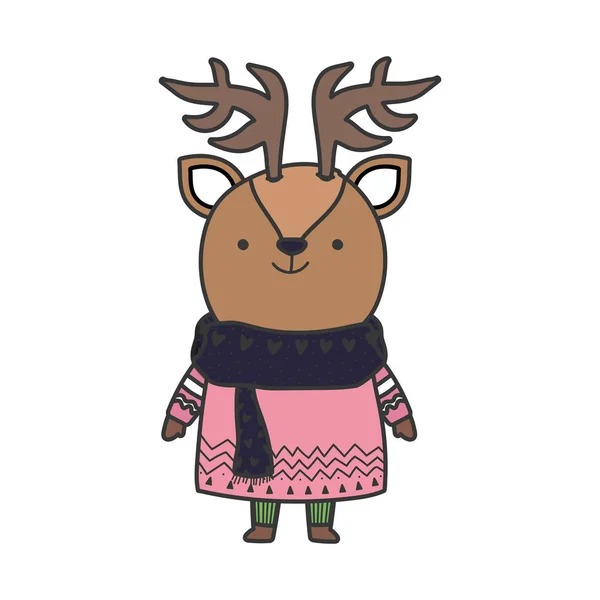 Merry christmas celebration cute deer with sweater and scarf — Image vectorielle