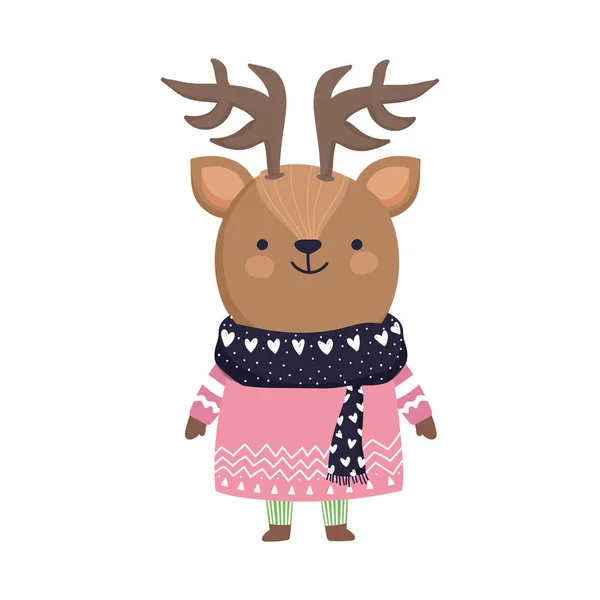 Wesołych Świąt uroczystości słodkie jelenie ze swetrem i szalikiem — Wektor stockowy