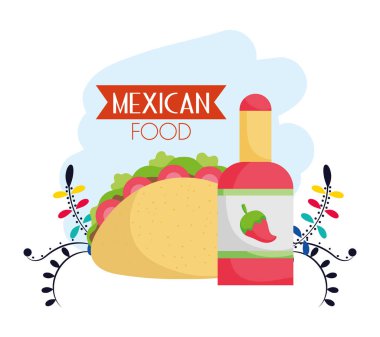 Taco ve acı sos. Çiçekli Meksika yemeği. Geleneksel kutlama tasarımı.