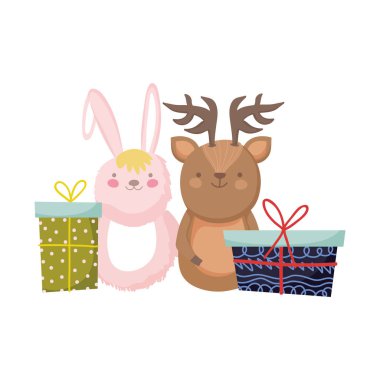 merry christmas celebration rabbit and reindeer with gifts