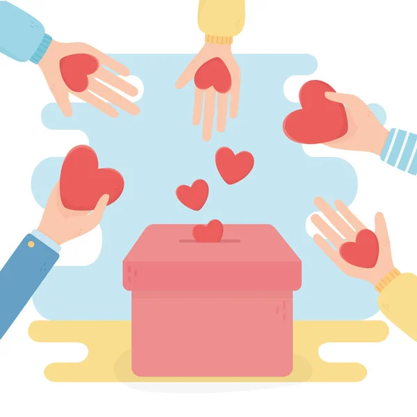 Voluntariado, ayuda a las manos benéficas con los corazones en caja — Vector de stock