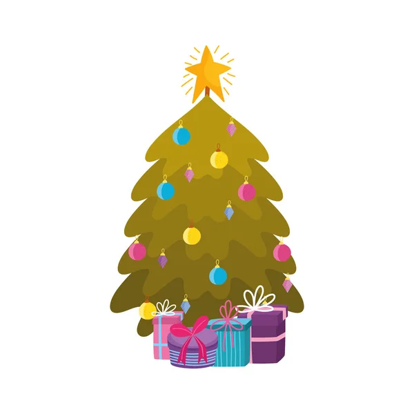 Bright tree star gift boxes merry christmas celebration — Stok Vektör