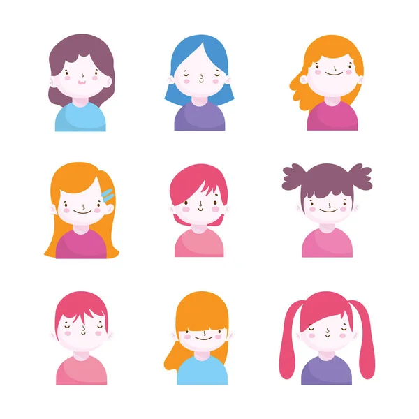 Cute little boys and girls characters portrait set — Vector de stock