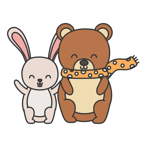 Cute bear with scarf and rabbit hello autumn — стоковый вектор