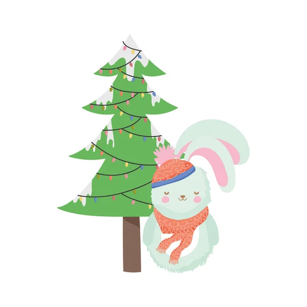 Веселого різдвяного святкування кролика з шарфом і декоративним деревом — стоковий вектор