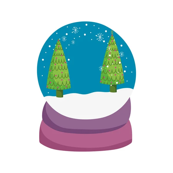 Merry christmas celebration snowglobe with trees snowflakes — Vetor de Stock