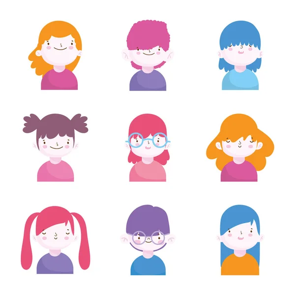 Cute little boys and girls characters portrait set — Stockvector