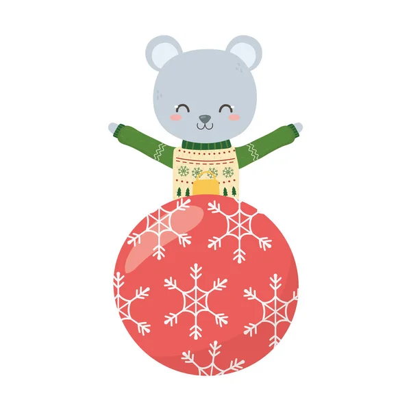 Merry christmas celebration cute bear with sweater and ball decoration — Wektor stockowy