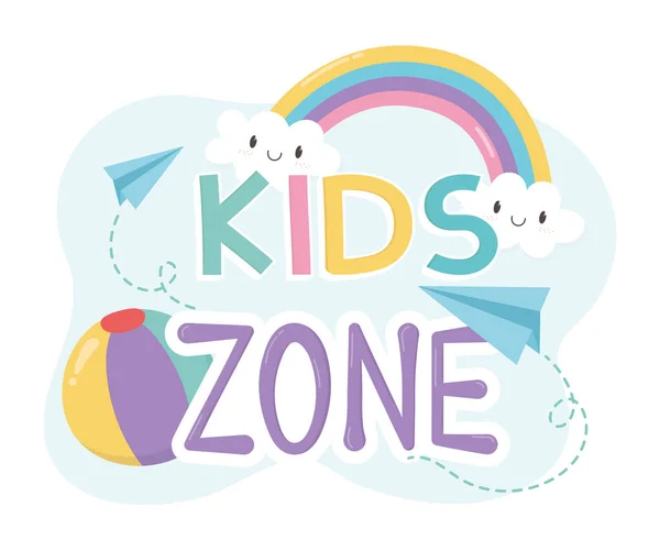 Zona infantil, ruedas de goma y dibujos animados con arco iris — Vector de stock