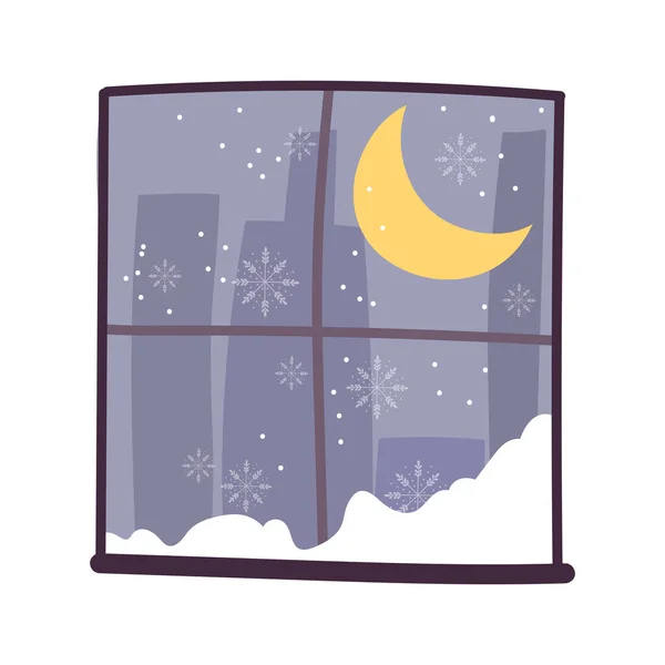 Window moon snow night cityspace scene — Stock Vector