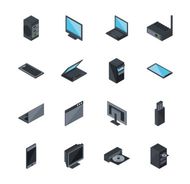 teknoloji donanım aygıtı bilgisayar simgeleri izometrik ayarlandı