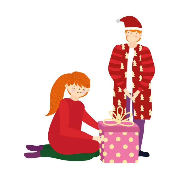 Веселий різдвяний батько і дочка з подарунковою коробкою святкування — стоковий вектор