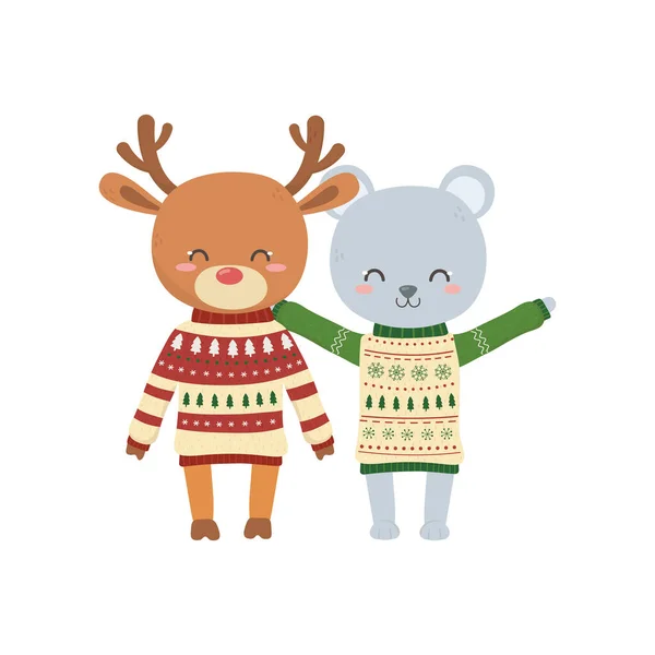 Vrolijk kerstfeest schattige beer en hert met trui decoratie — Stockvector