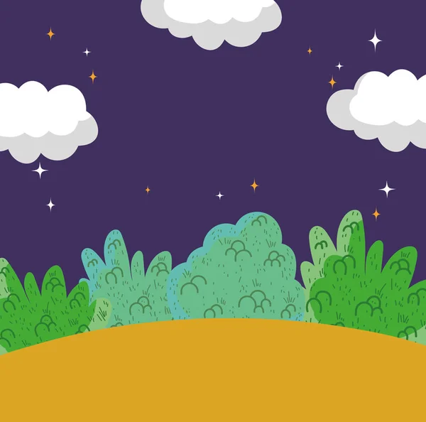 Paysage nuit étoiles nuages ciel buissons — Image vectorielle
