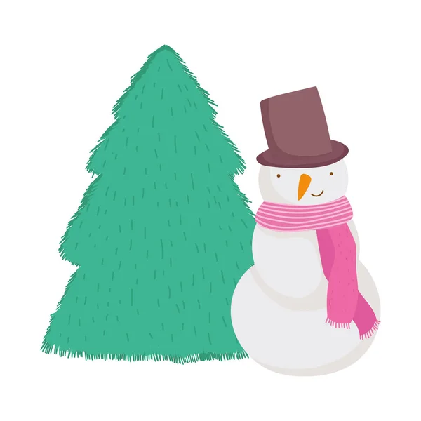 Las navidades festejan el snowman con sombrero de bufanda y árbol. — Vector de stock