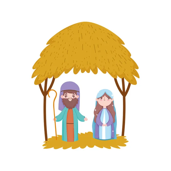 Josef en Mary hut woestijn kribbe kerststal, vrolijk kerstfeest — Stockvector