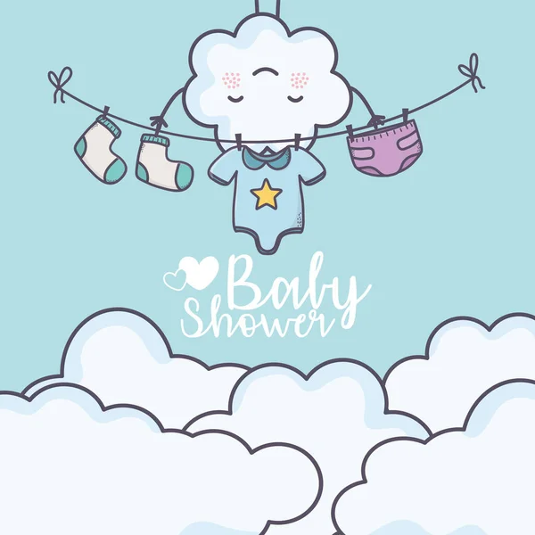 Baby shower cartoon cloud clothes hang card — Image vectorielle