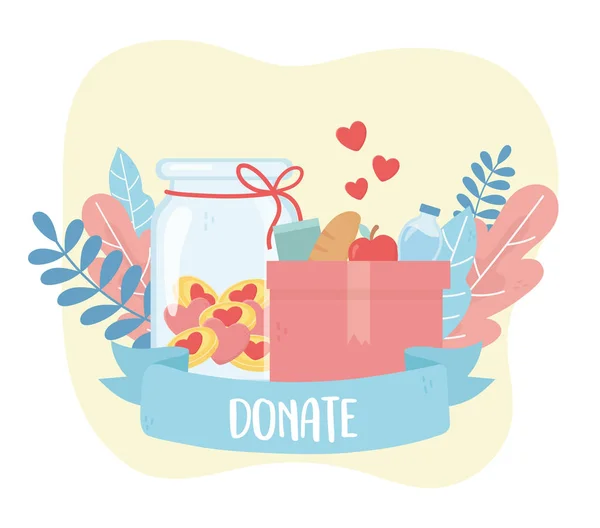 Voluntariado, ayuda a la caridad a donar cajas con alimentos y dinero amor. — Vector de stock