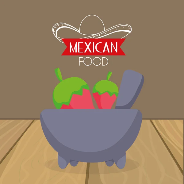 Chili peppers mortar hat comida mexicana, diseño tradicional de celebración. — Vector de stock