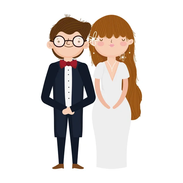 Bruidspaar, bruid en bruidegom in elegante pakken cartoon — Stockvector