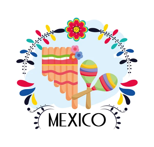 Pan flauta y maracas flores florales mexicana tradicional carta de decoración de eventos. — Vector de stock