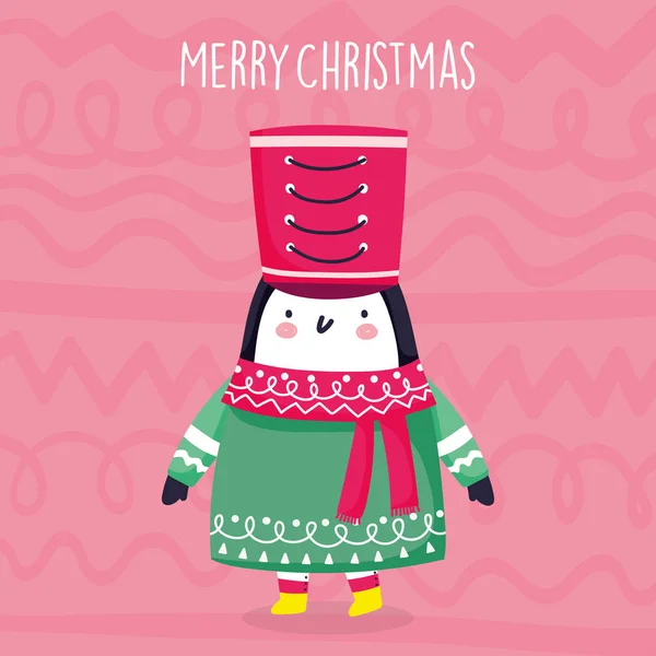 Fröhliche Weihnachtsfeier niedlicher Pinguin mit Mütze und Schal — Stockvektor