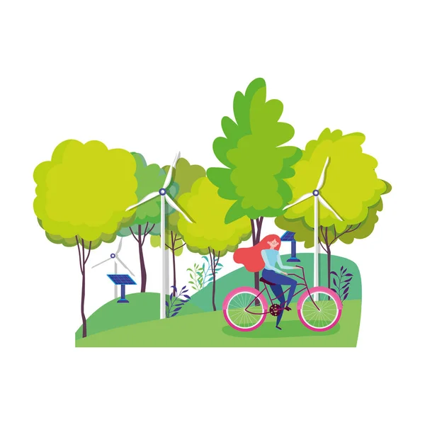 Ecologie vrouw paardrijden fiets windturbine en zonnepaneel park — Stockvector