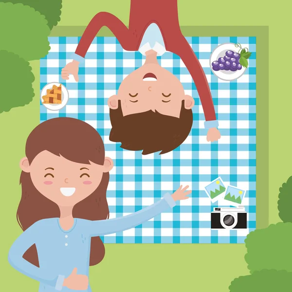 Cartoon für Frau und Mann mit Picknick-Vektor-Design — Stockvektor