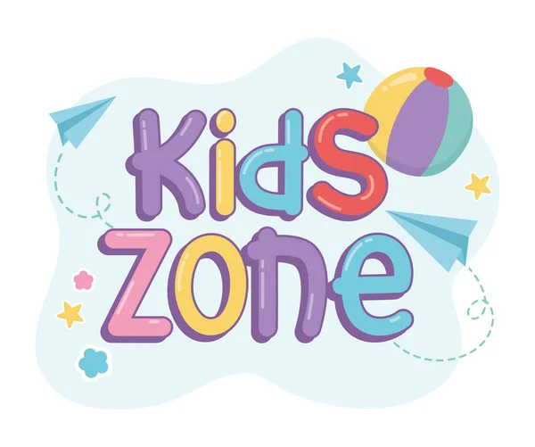 Kids Zone, Gummiball Papierflieger Kreativität Schrift — Stockvektor