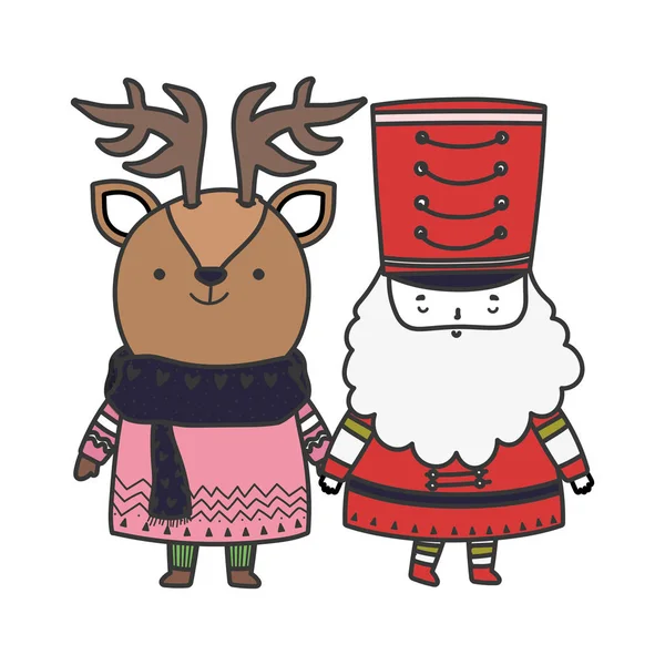 Merry Noël célébration du casse-noix soldat et chevreuil avec chandail — Image vectorielle