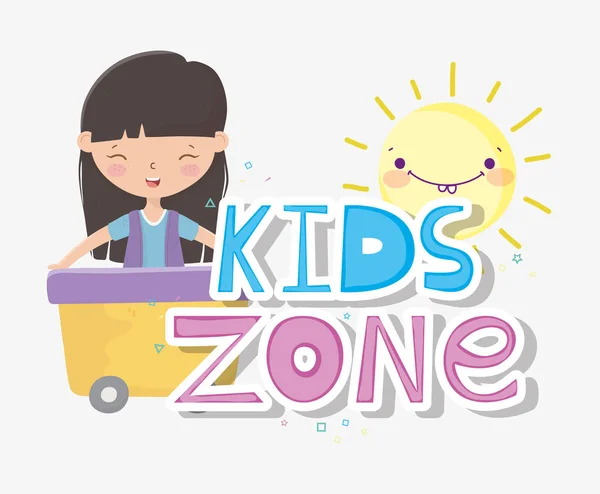 Zona de crianças, menina bonito em vagão com sol dos desenhos animados — Vetor de Stock